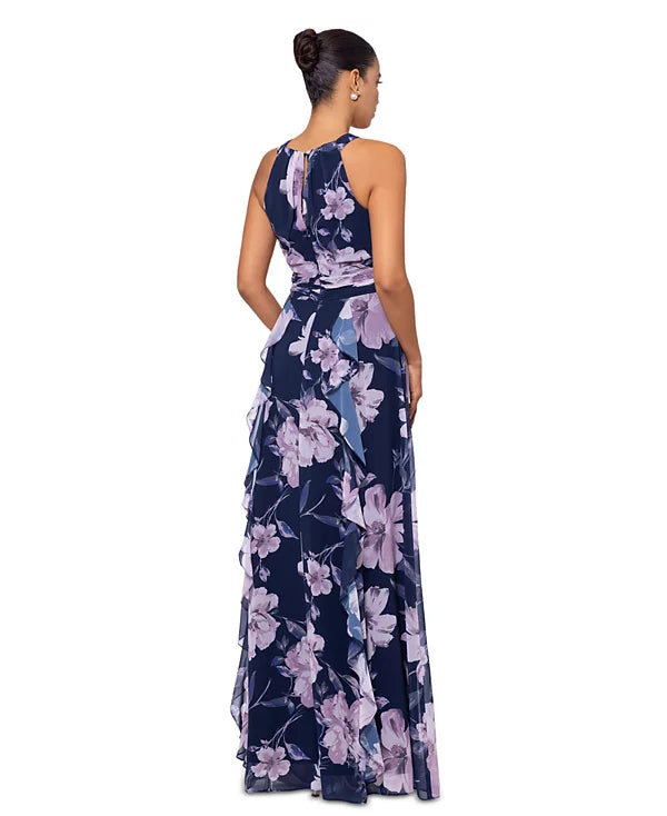 XSCAPE Women's Floral Chiffon Halter-Neck Gown  Color Navy/Mauve Size 12