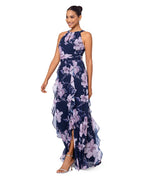XSCAPE Women's Floral Chiffon Halter-Neck Gown  Navy/Mauve Size 12
