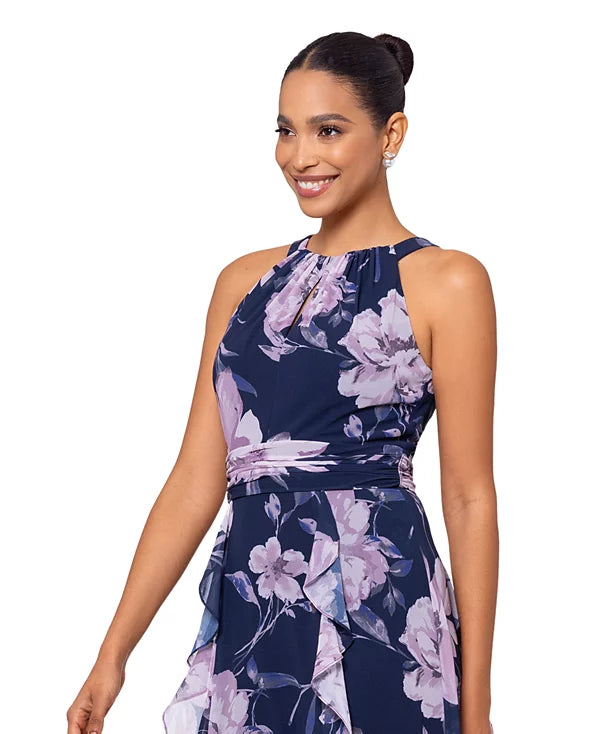 XSCAPE Women's Floral Chiffon Halter-Neck Gown  Navy/Mauve Size 12