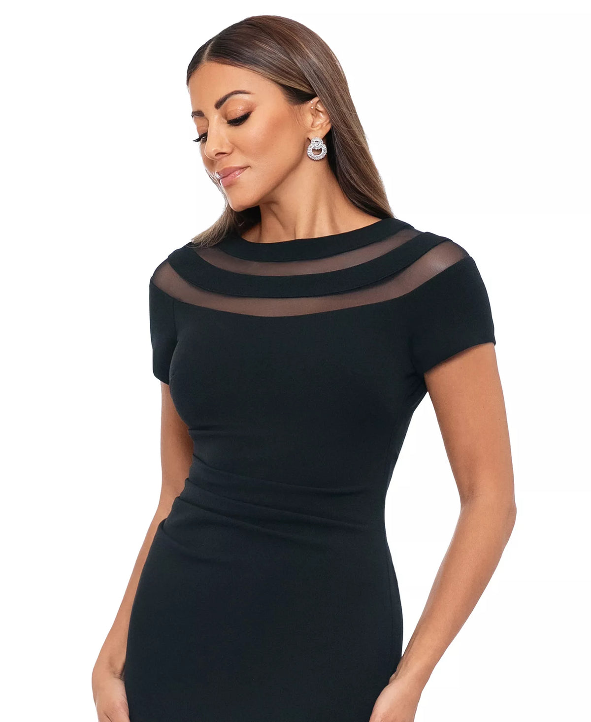 XSCAPE Petite Illusion-Neck Ruched-Back Scuba Crepe Gown  Black Size 12P (No Tag)