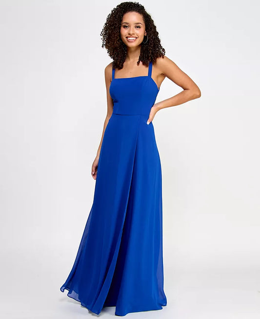 City Studios Juniors' Straight-Neck Lace-Back Chiffon Skater Gown  Royal Blue Size 7/8