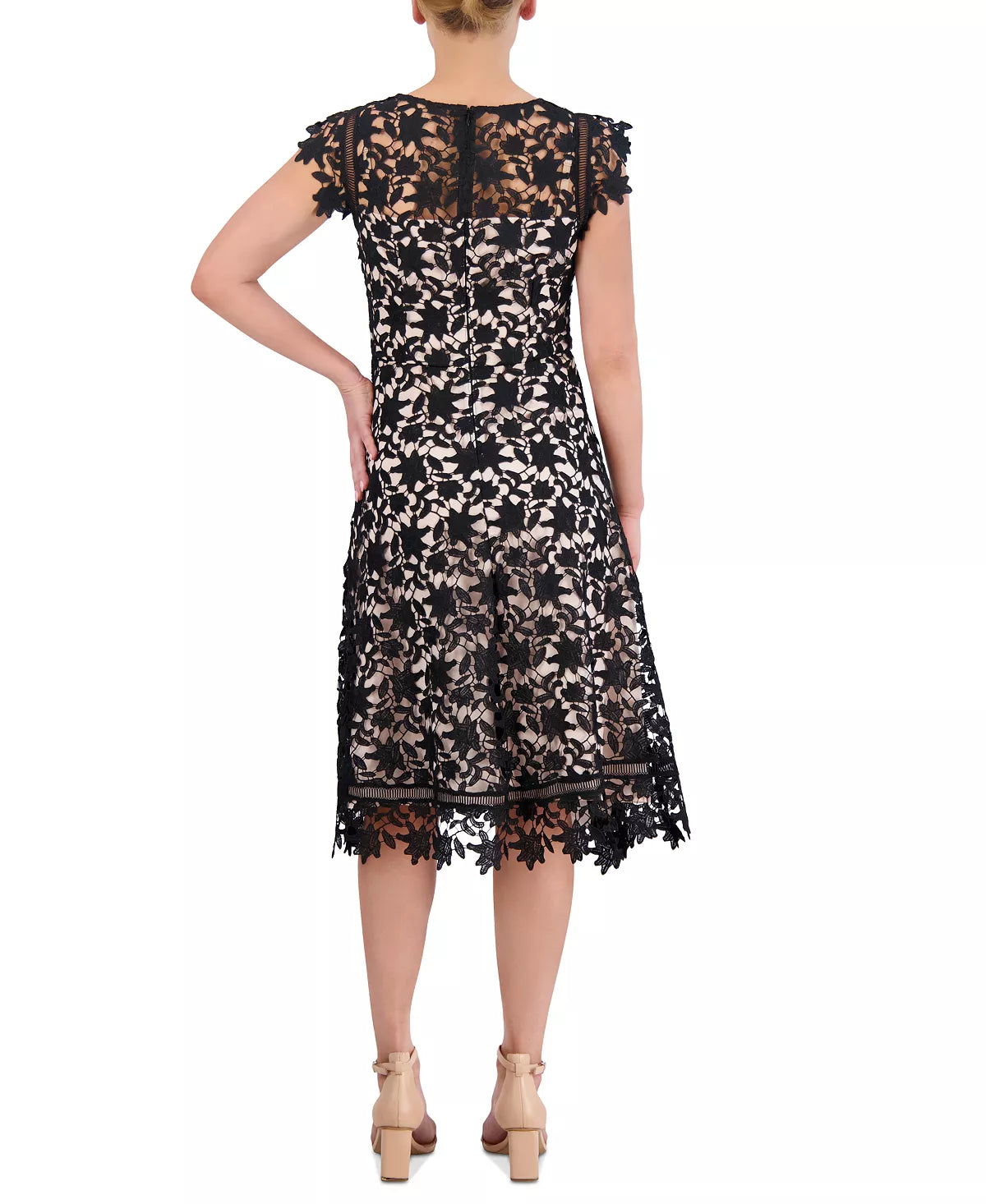 Eliza J Lace Asymmetrical-Hem Midi Dress  Color Black/Natural Size 12