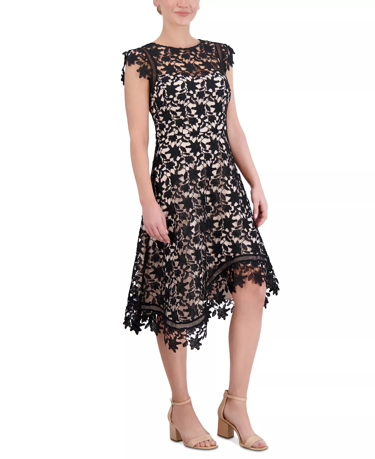 Eliza J Lace Asymmetrical-Hem Midi Dress  Color Black/Natural Size 12