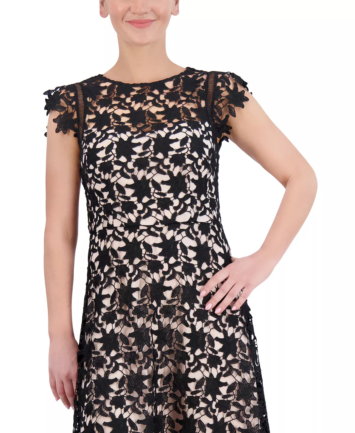 Eliza J Lace Asymmetrical-Hem Midi Dress  Color Black/Natural Size 12