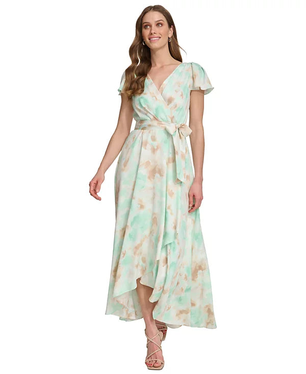 DKNY Women's Printed Wrap-Style Gown  Color Light Green Size 8