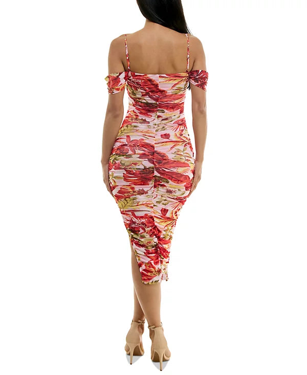 BCX Juniors Floral-Mesh Ruched Asymmetric Midi Dress  Color Pink Floral Size S
