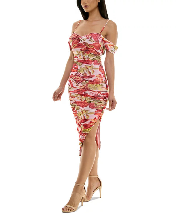 BCX Juniors Floral-Mesh Ruched Asymmetric Midi Dress  Color Pink Floral Size S