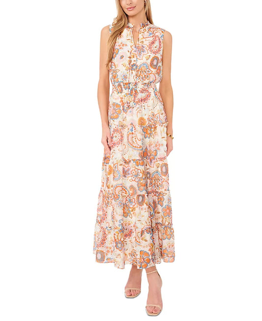 MSK Women's Printed Tie-Neck Sleeveless Maxi Dress  Vanilla Ice Size M