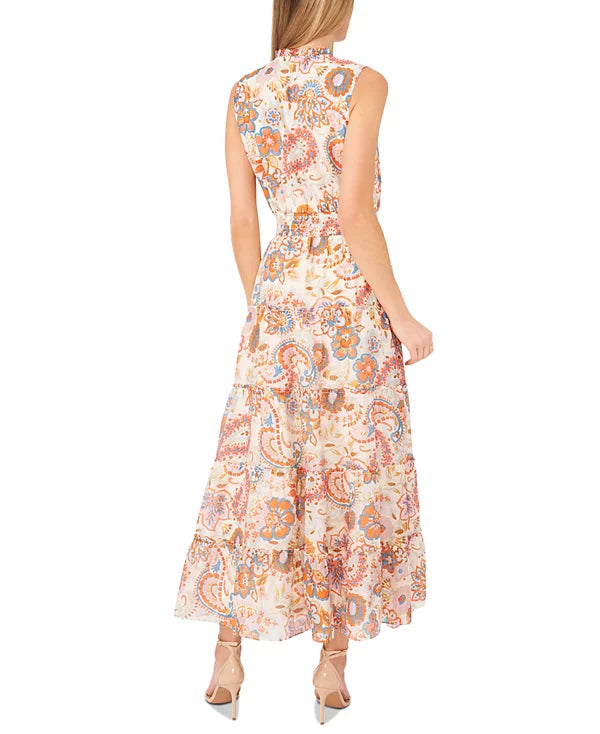 MSK Women's Printed Tie-Neck Sleeveless Maxi Dress  Vanilla Ice Size M