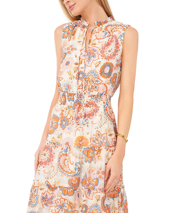 MSK Women's Printed Tie-Neck Sleeveless Maxi Dress  Vanilla Ice Size M