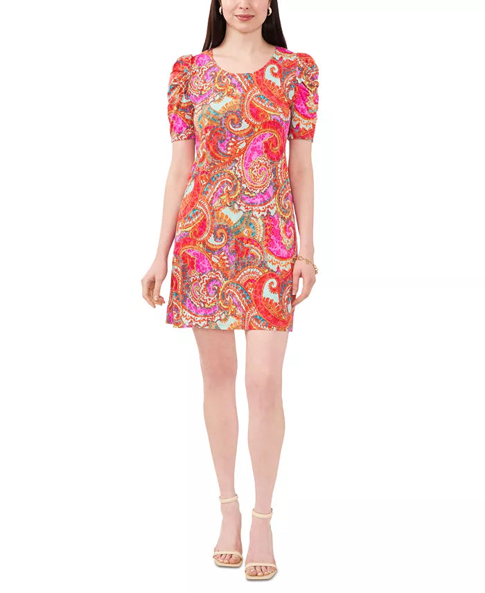 MSK Petite Printed Puff-Sleeve A-Line Dress  Fuchsia Size PM