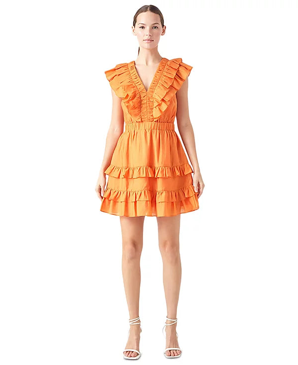 endless rose Women's V-Neck Ruffle-Trim Mini Dress  Color Orange Size XL