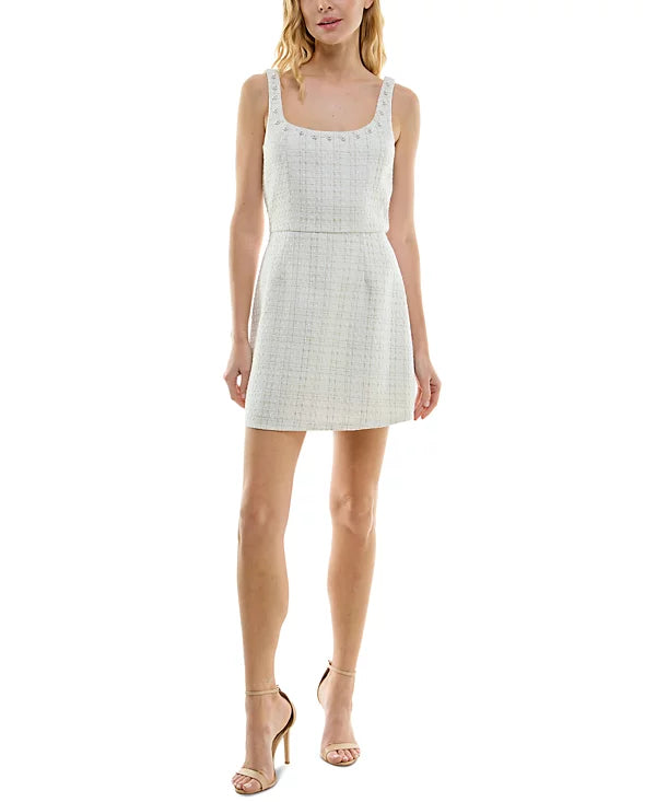 Trixxi Juniors Pearl-Accent-Trim-Neck Sleeveless Dress  Color Ivory/Gold Size M