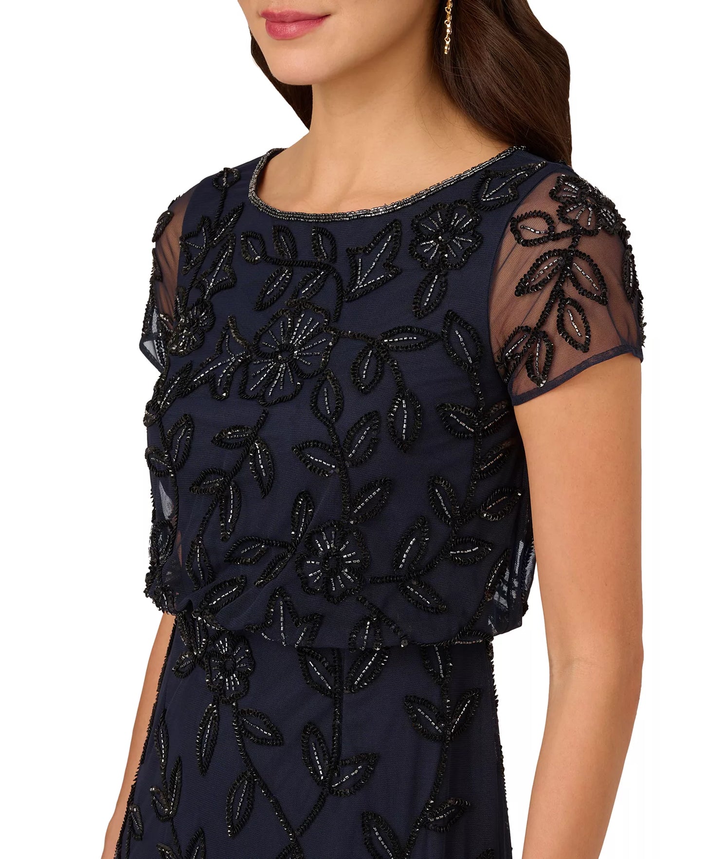 Adrianna Papell Women's Floral Blouson Embellished Gown  Navy/Black Size 12P