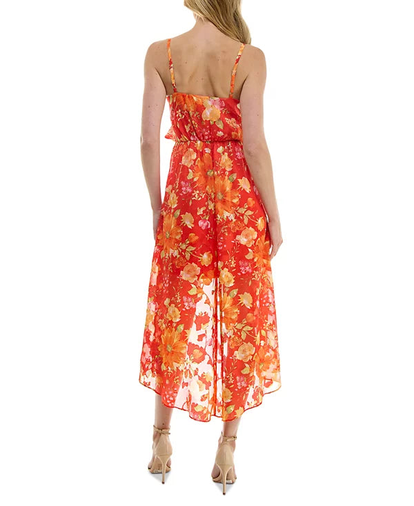 BCX Printed V-Neck Sleeveless Fit Flare Dress  Color Orange Floral Print Size 2XL