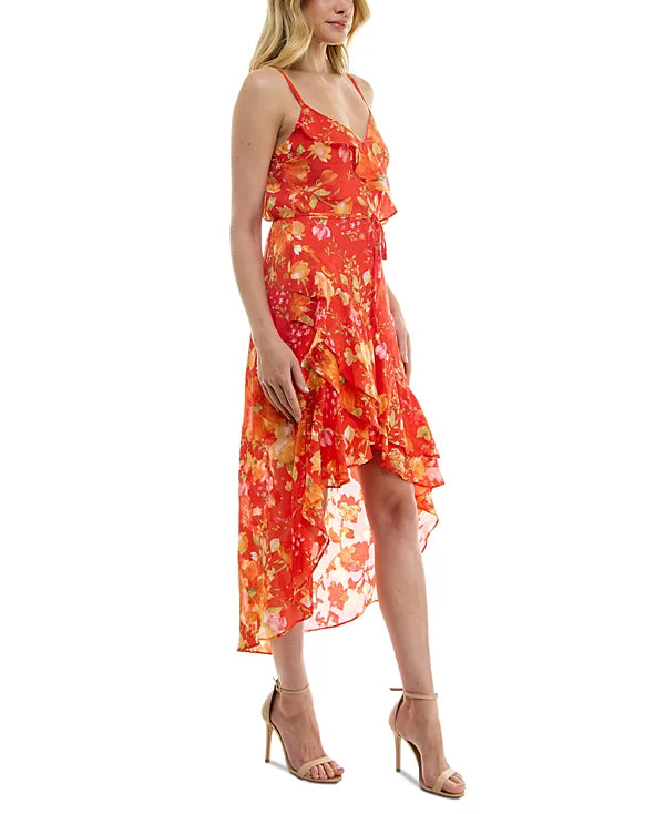 BCX Printed V-Neck Sleeveless Fit Flare Dress  Color Orange Floral Print Size 2XL