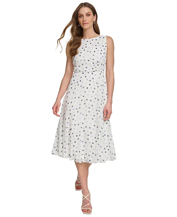 DKNY Women's Dot-Print Sleeveless Midi Dress  Color Silver/Navy Size 8