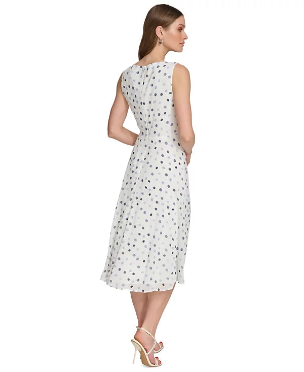 DKNY Women's Dot-Print Sleeveless Midi Dress  Color Silver/Navy Size 8