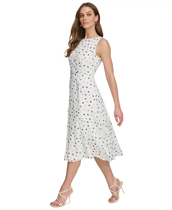 DKNY Women's Dot-Print Sleeveless Midi Dress  Color Silver/Navy Size 8