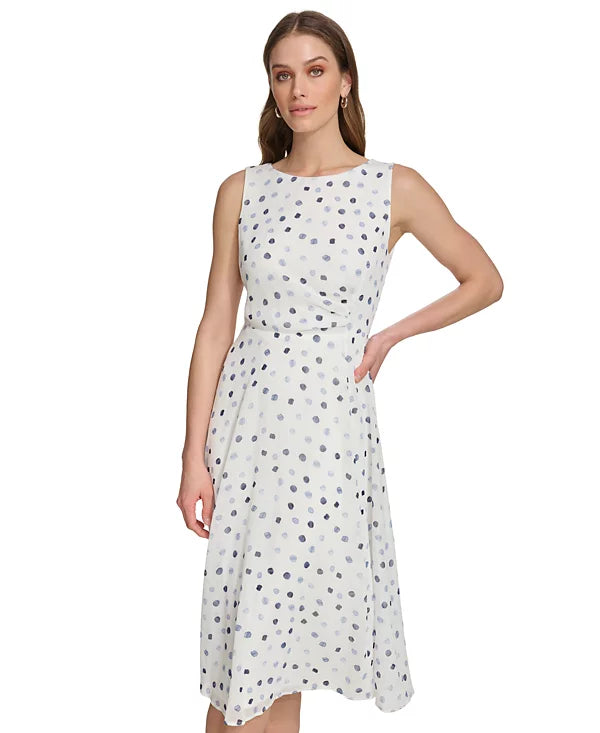 DKNY Women's Dot-Print Sleeveless Midi Dress  Color Silver/Navy Size 8
