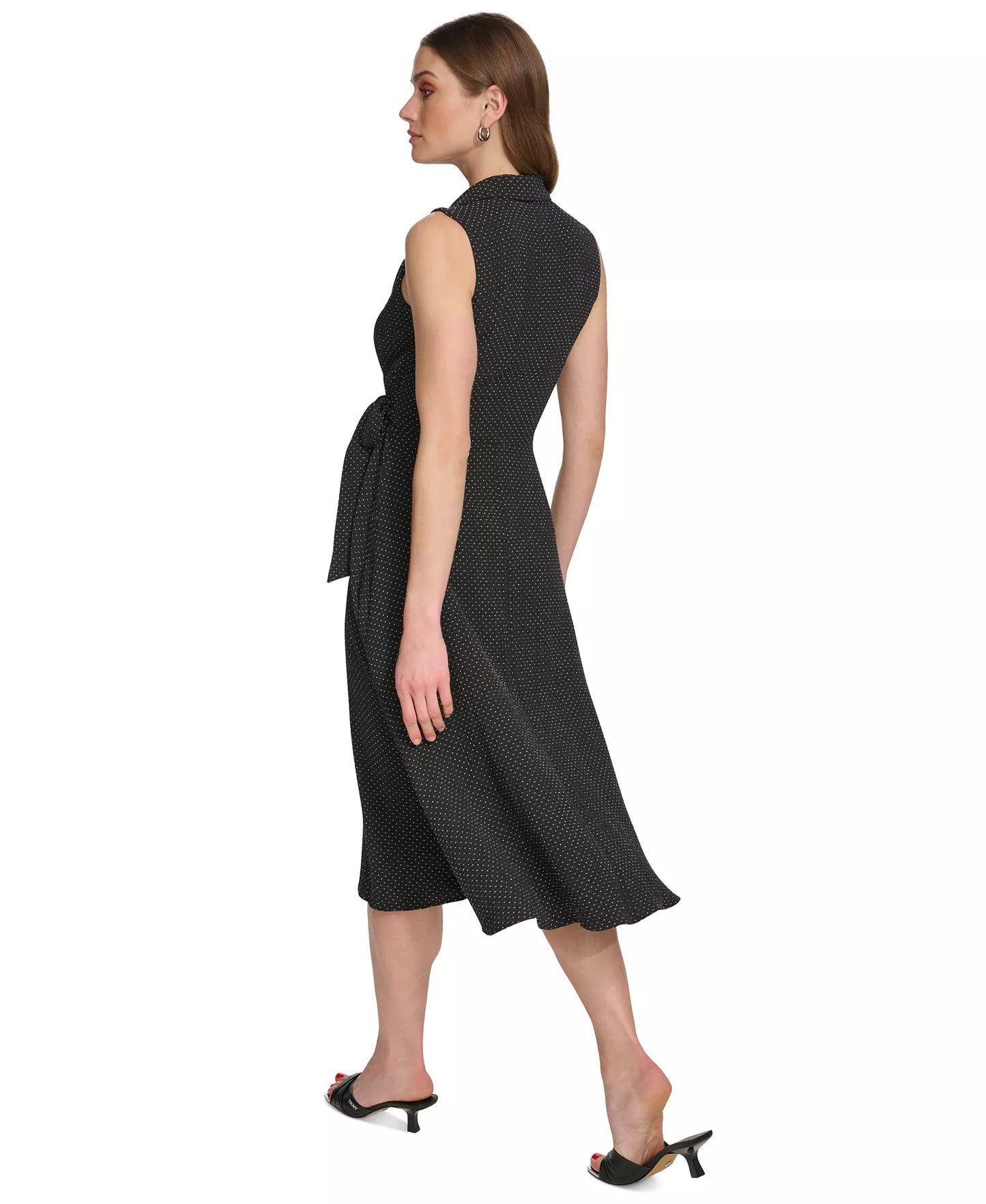 DKNY Women's Printed Tie-Waist Sleeveless A-Line Dress  Polka Black Size 4