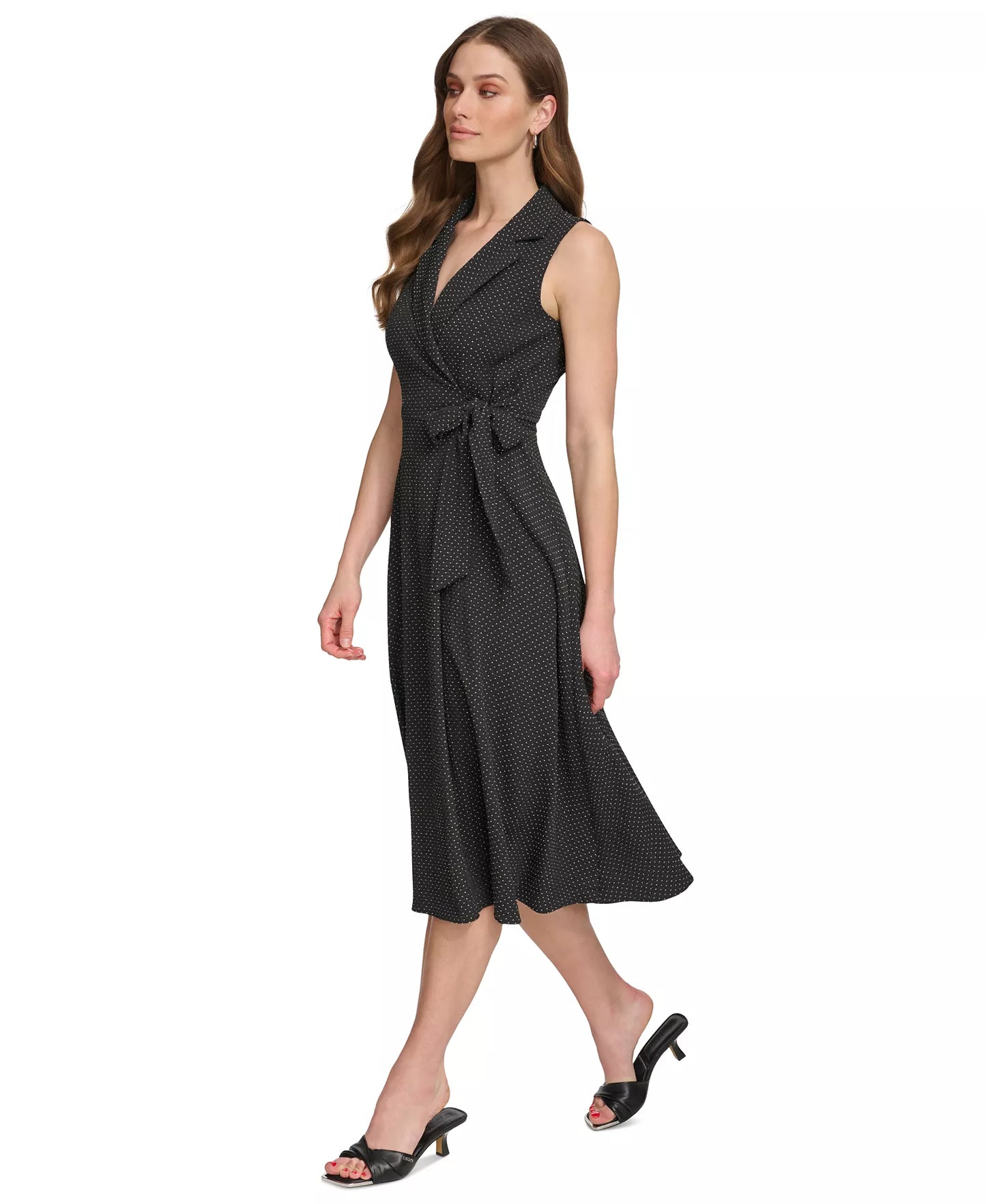 DKNY Women's Printed Tie-Waist Sleeveless A-Line Dress  Polka Black Size 4
