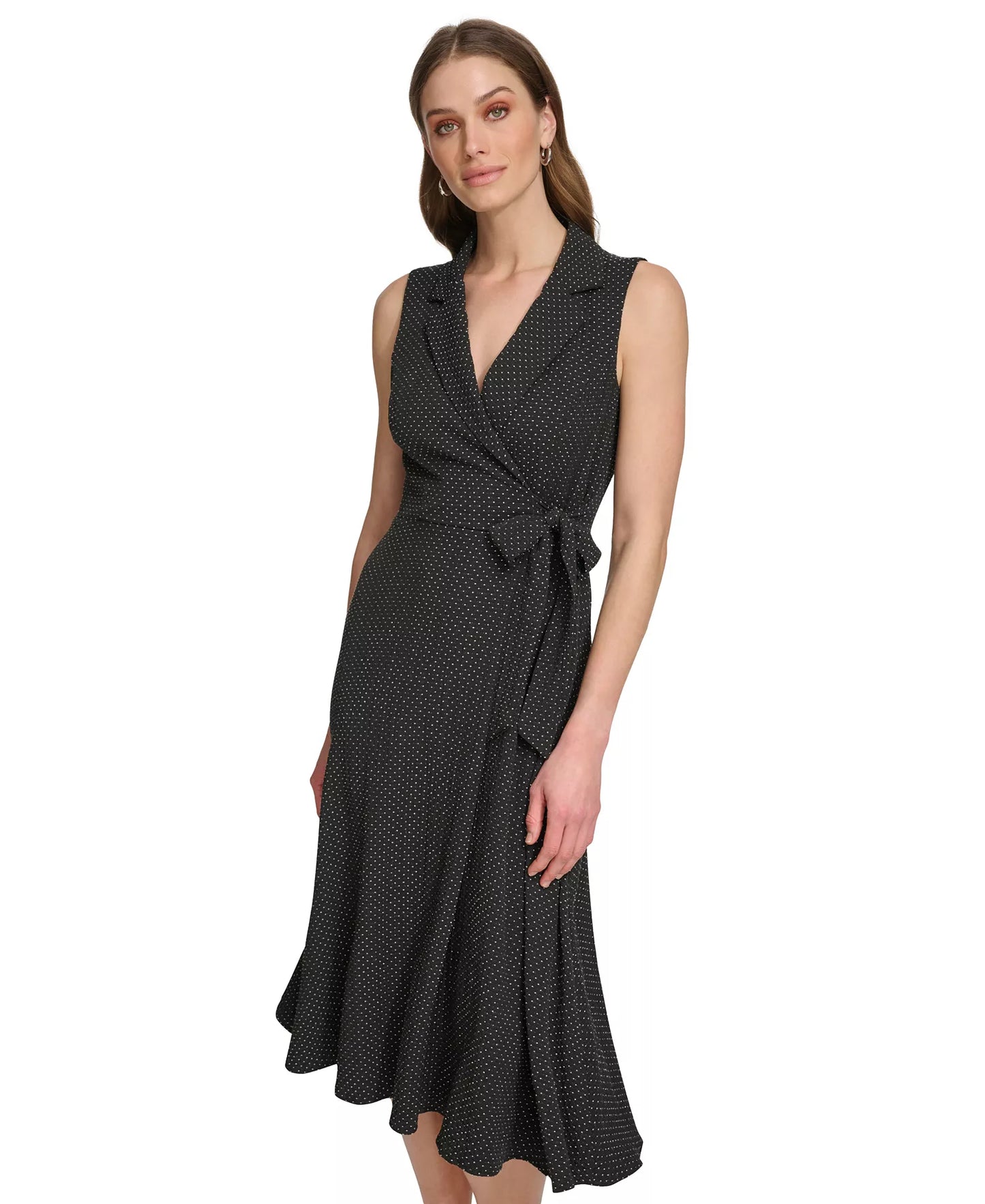 DKNY Women's Printed Tie-Waist Sleeveless A-Line Dress  Polka Black Size 4