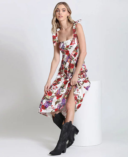 Avec Les Filles Linen-Blend Floral-Print Fit & Flare Dress  Color Portofino Size 4