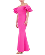 Eliza J Ruffled-Sleeve Off-The-Shoulder Mermaid Gown  Hot Pink Size 10