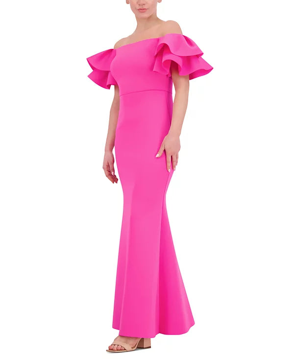 Eliza J Ruffled-Sleeve Off-The-Shoulder Mermaid Gown  Hot Pink Size 10