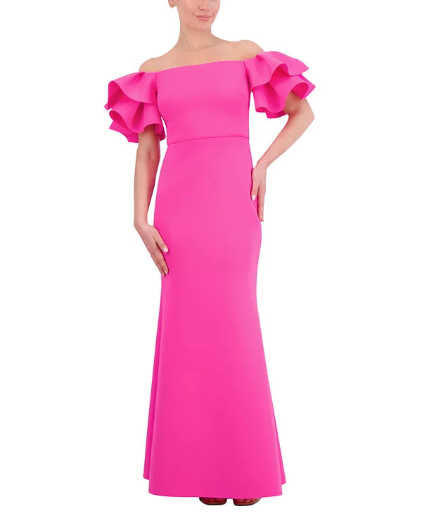 Eliza J Ruffled-Sleeve Off-The-Shoulder Mermaid Gown  Hot Pink Size 10