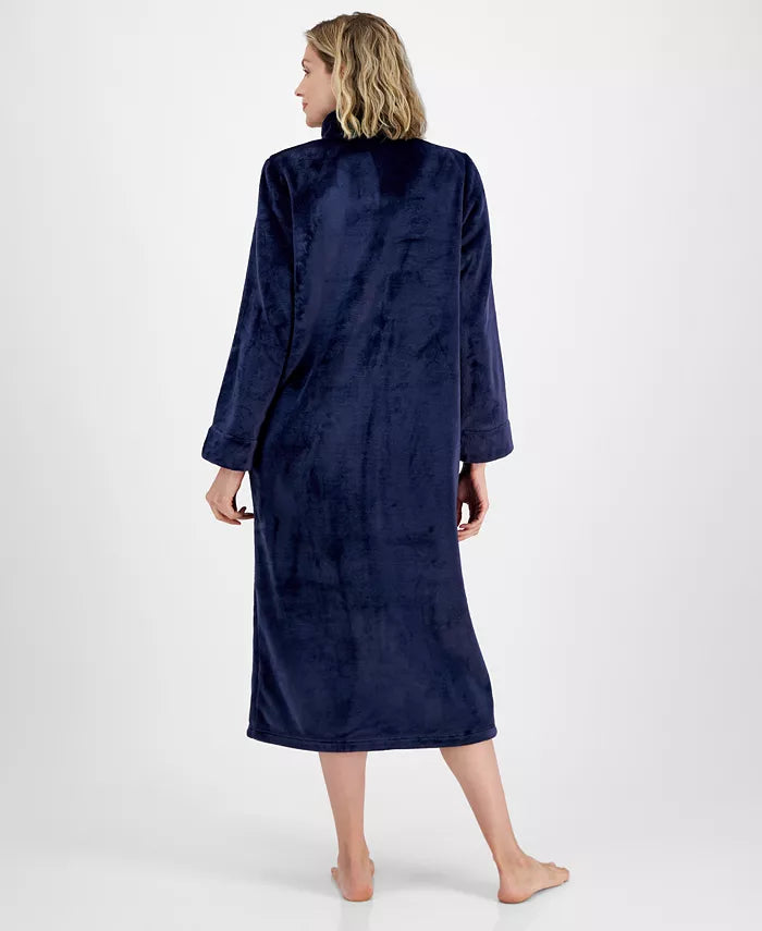 Charter Club Women's Long Plush Zip-Front Robe  Navy Sail Size XL