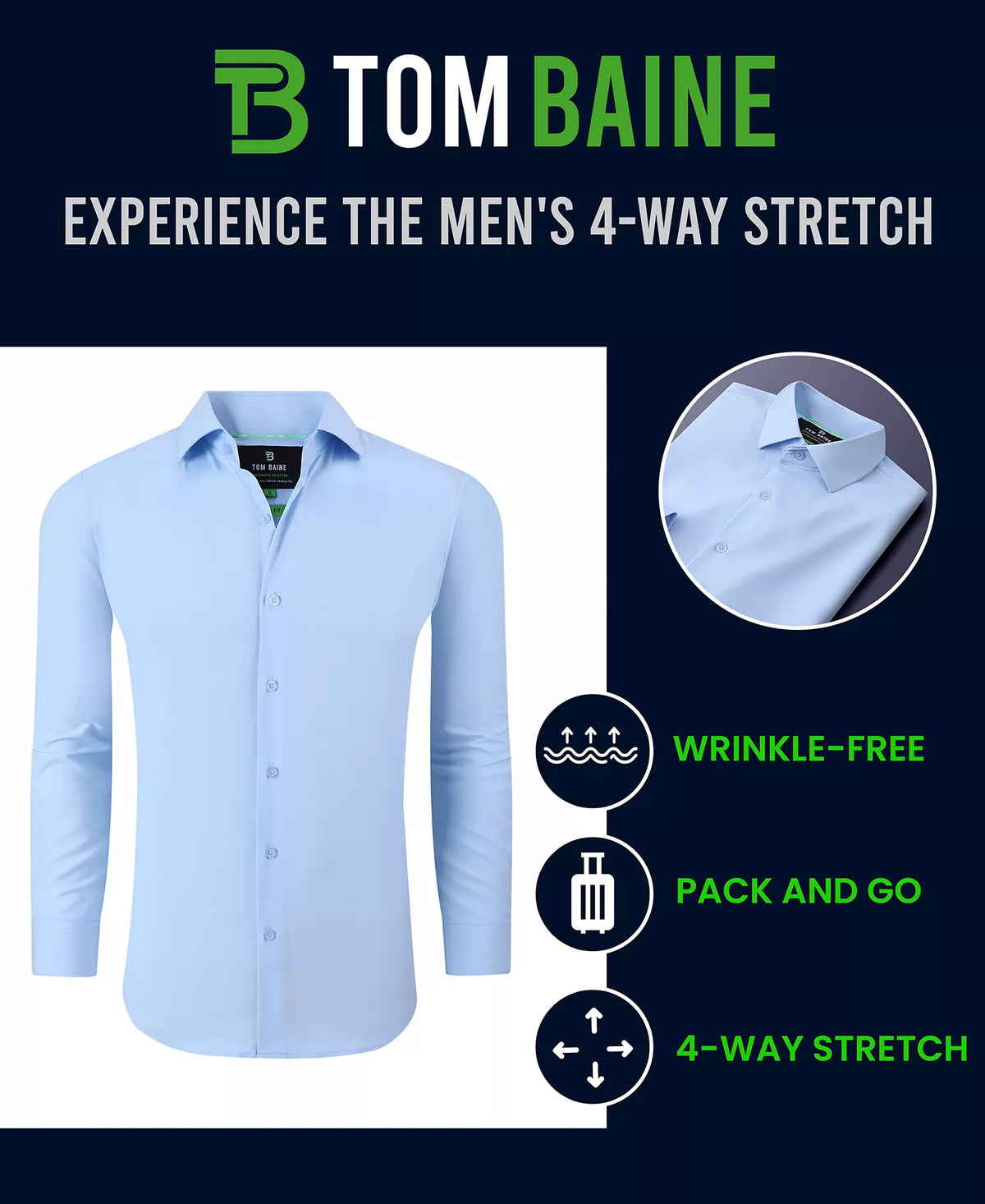 Tom Baine Men's Slim-Fit Four-Way Stretch Dress Shirt  White Size M