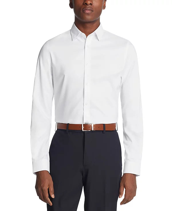Michael Kors Men's Airsoft Slim Fit Untucked Length Stretch Dress Shirt  White 16/16.5 34/35