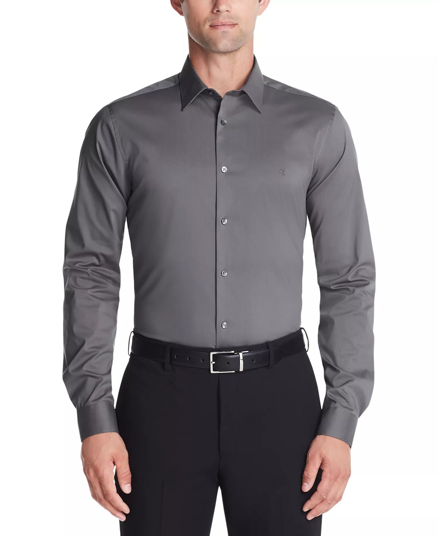 Calvin Klein Men's Slim-Fit Stretch Monogram Dress Shirt  Gray Shadow Size M
