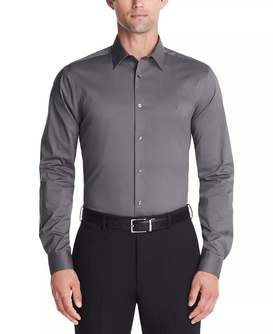 Calvin Klein Men's Slim-Fit Stretch Monogram Dress Shirt  Gray Shadow Size M