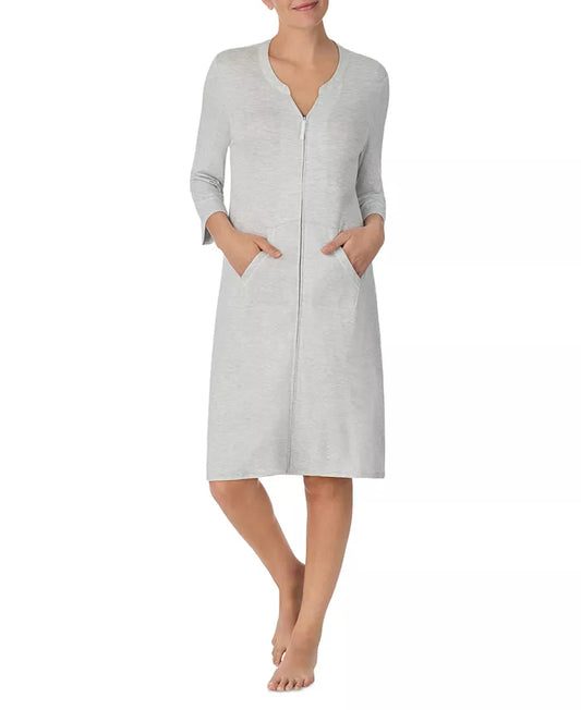 Ellen Tracy Women's Zip-Front 3/4-Sleeve Robe  Grey Heather Size XL