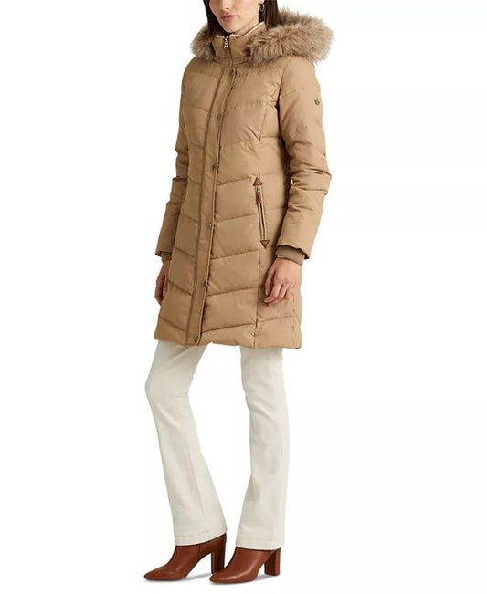 Lauren Ralph Lauren Women's Faux-Fur-Trim Hooded Down Puffer Coat  Color Dark Camel Size XL