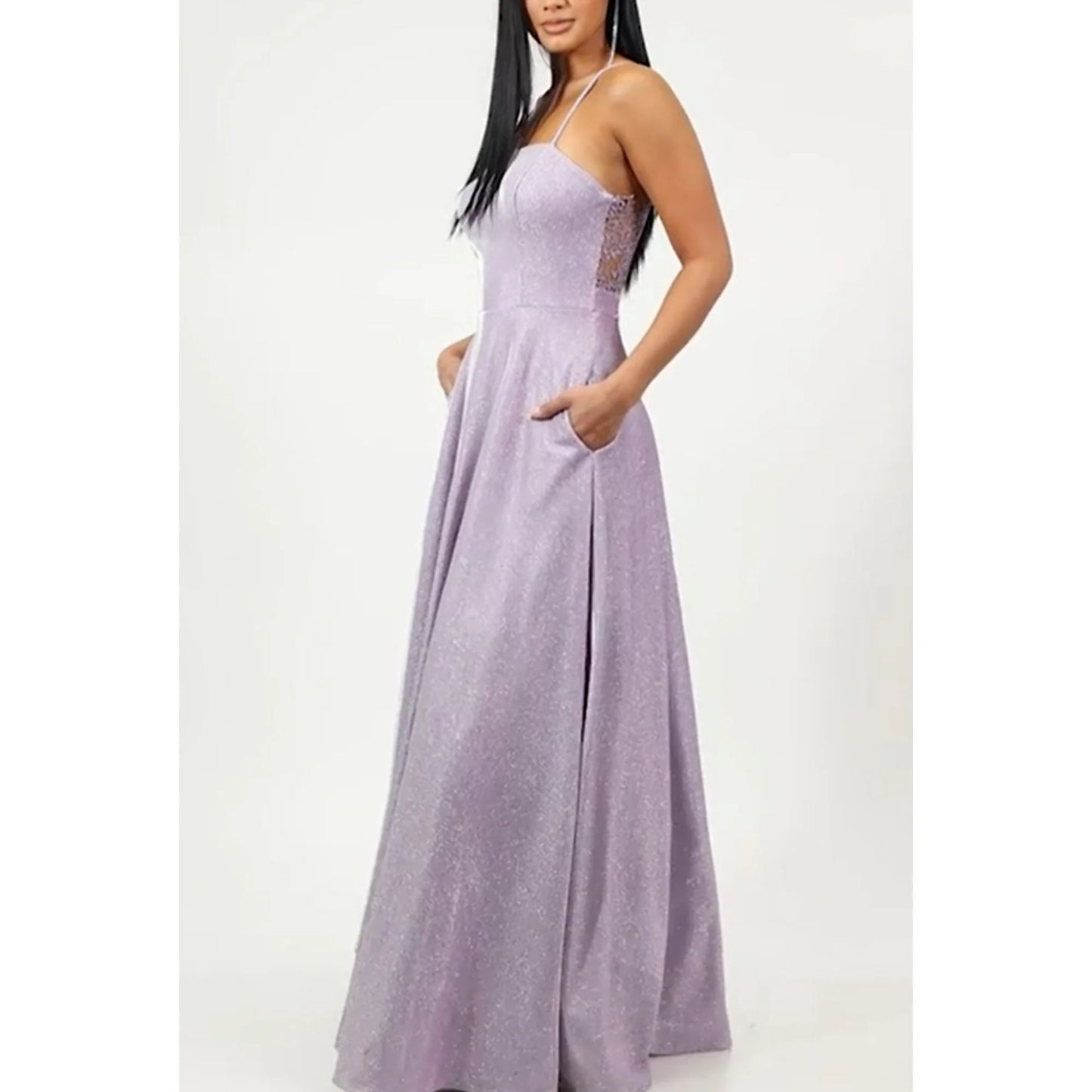 City Studios Juniors Sleeveless Glitter Lace-Back Evening Dress  Lavender Size 5/6