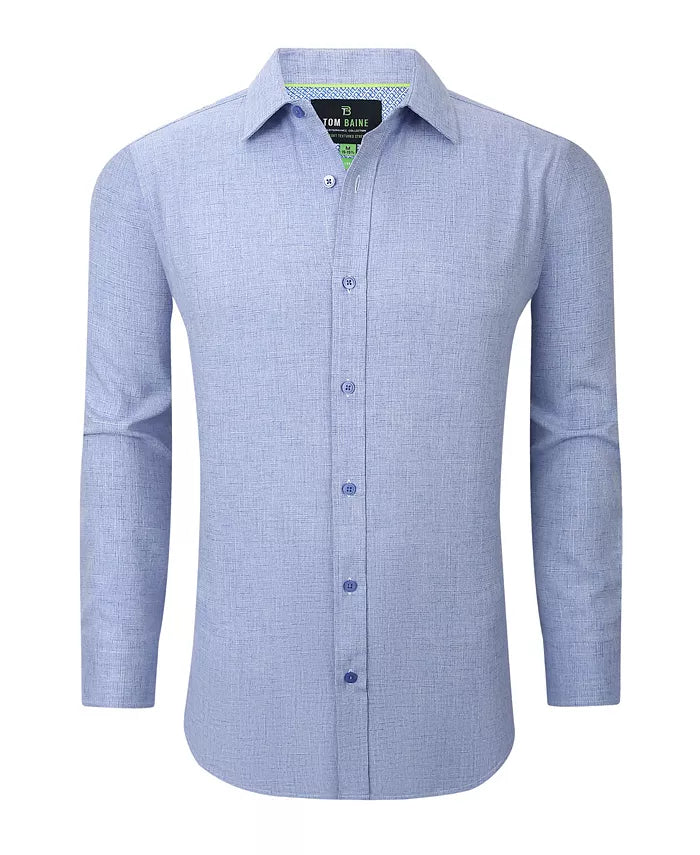 Tom Baine Men's Four-Way Stretch Solid Textured Slim-Fit Dress Shirt  Navy Blue Size M 15/15.5