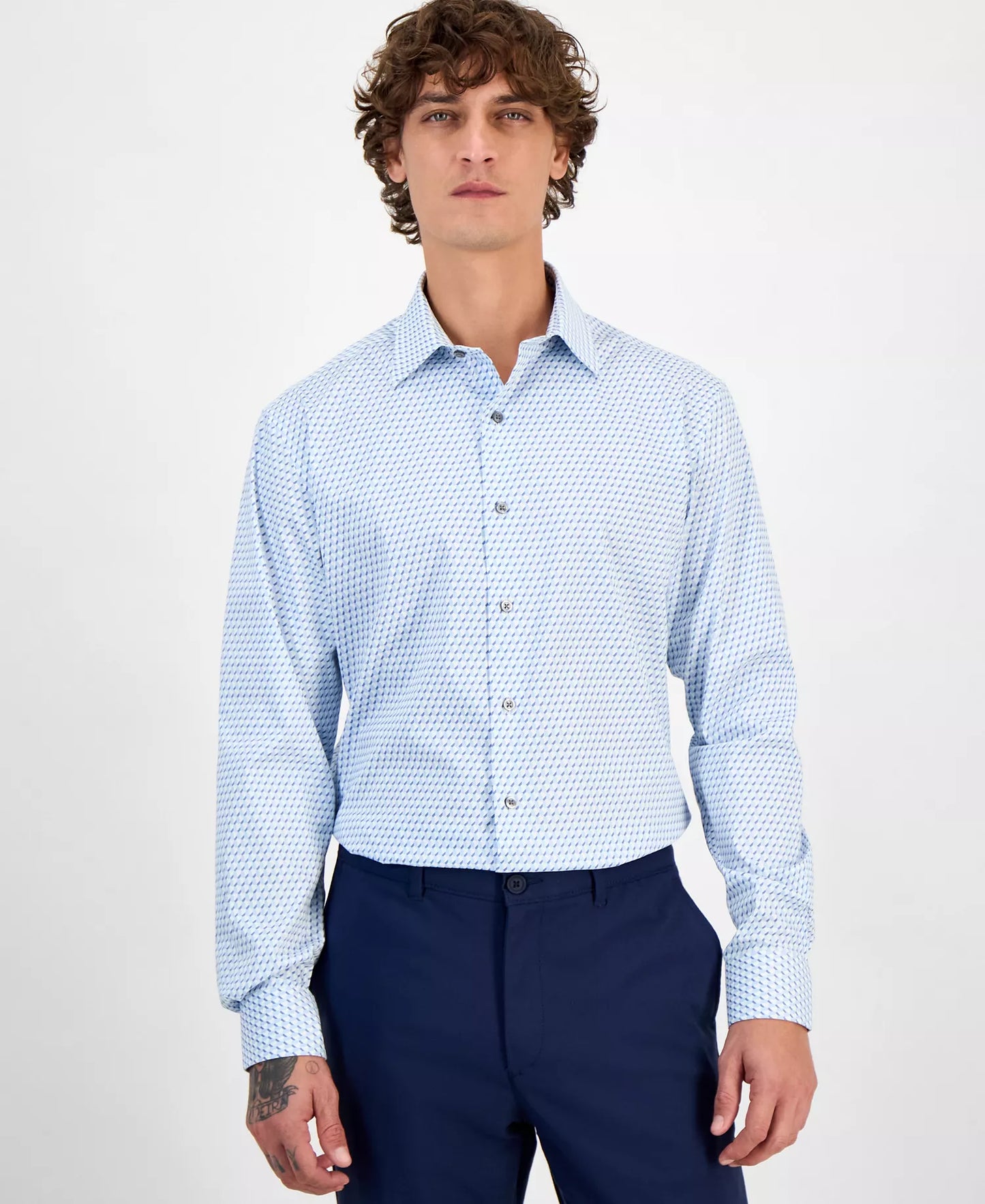 Alfani Men's Geo-Print Slim-Fit Dress Shirt   White/Blue 17/17.5 36/37 (No Tag)