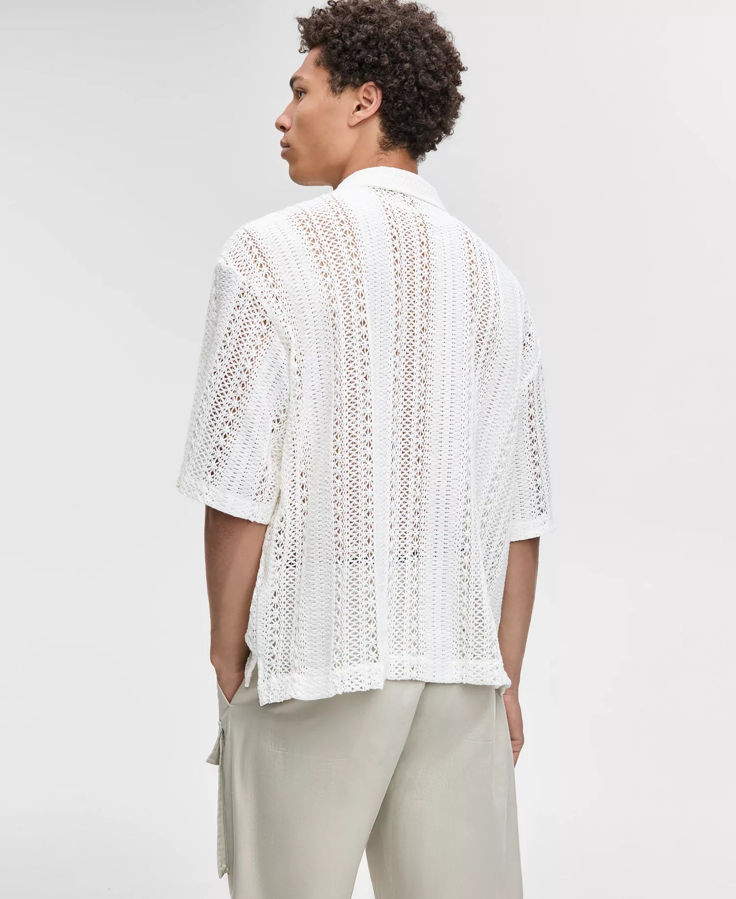 Mode of One Men's Relaxed-Fit Textured Crochet Button-Down Camp Shirt  Neo Natural Size S
