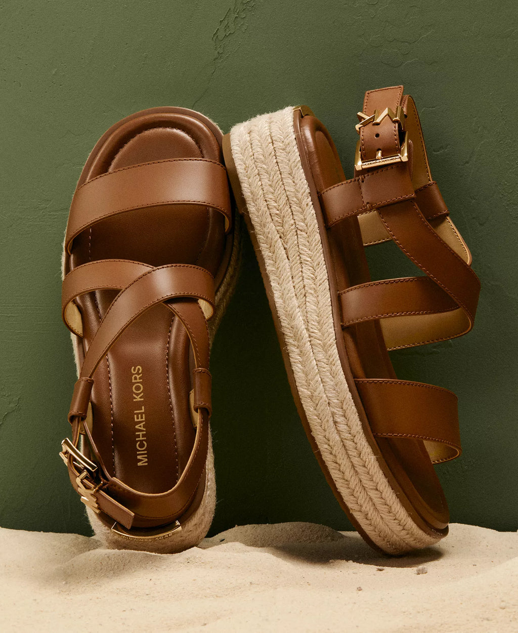 Michael Kors Women's Lynn Buckle Espadrille Sandals  Luggage Leather Size 7.5