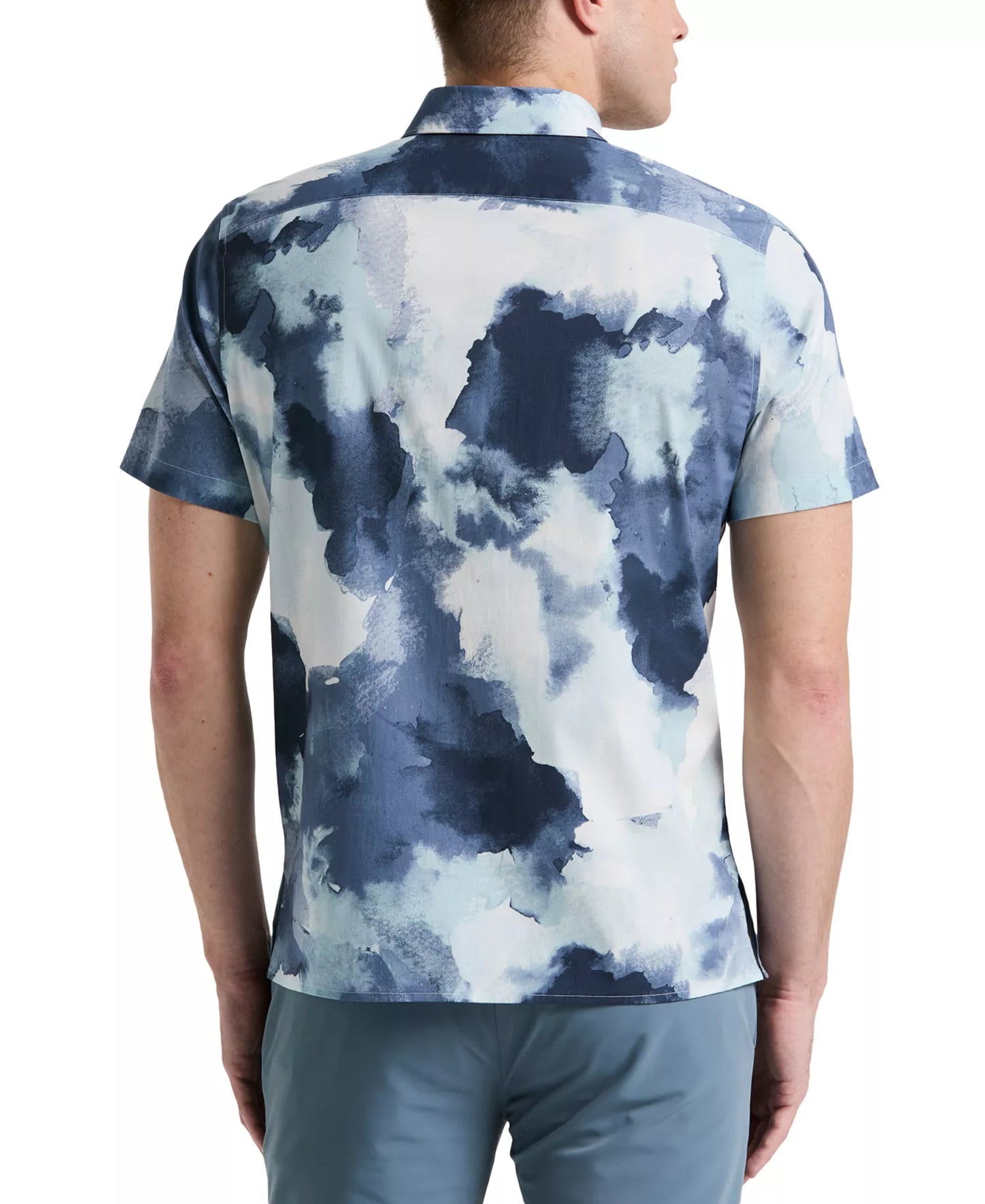Perry Ellis Men's Short Sleeve Watercolor Print Button-Front Shirt  Blue Mirage Size L