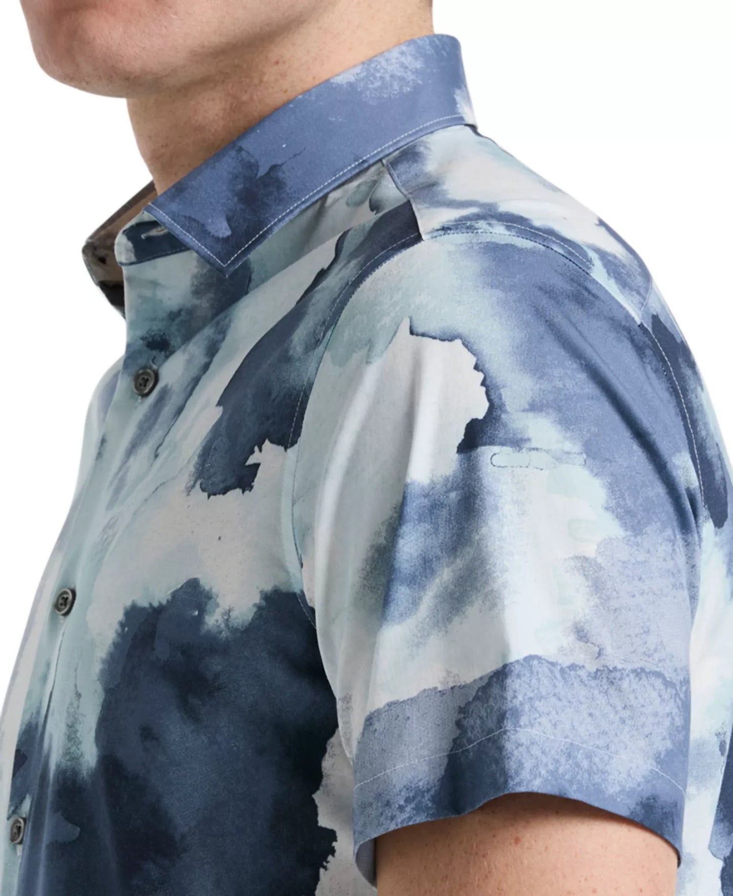 Perry Ellis Men's Short Sleeve Watercolor Print Button-Front Shirt  Blue Mirage Size L