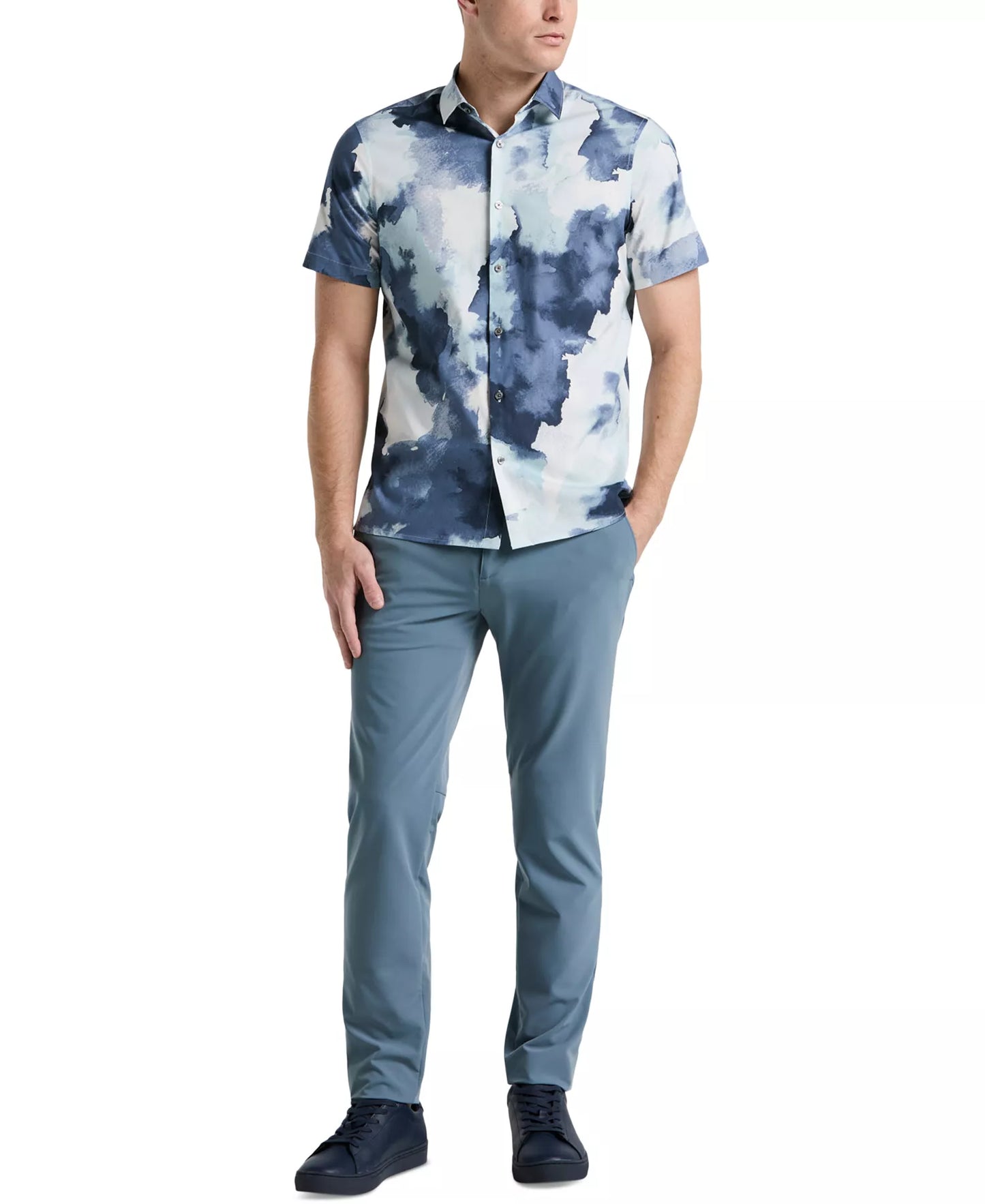 Perry Ellis Men's Short Sleeve Watercolor Print Button-Front Shirt  Blue Mirage Size L