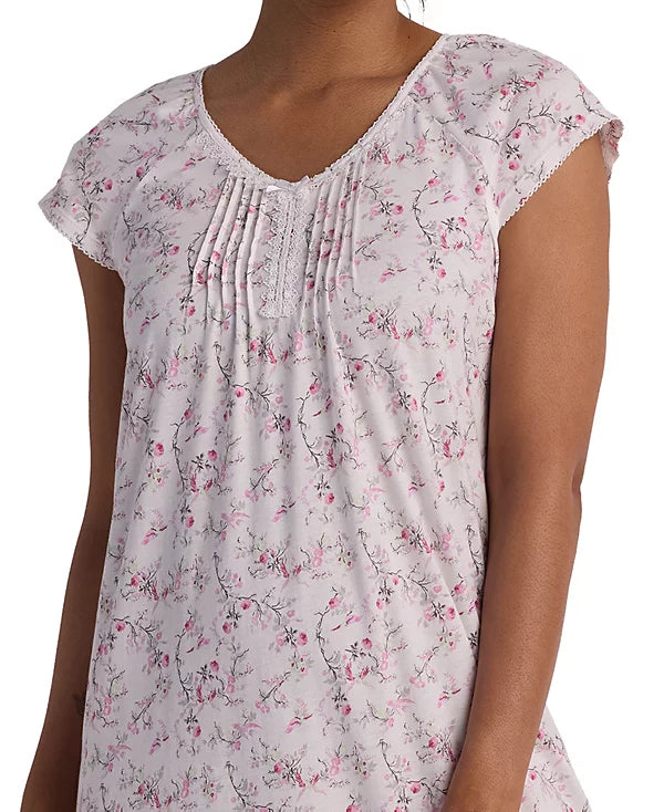 Miss Elaine Women's Short Sleeve Printed Long Night Dress  Pink Bouquets Size M