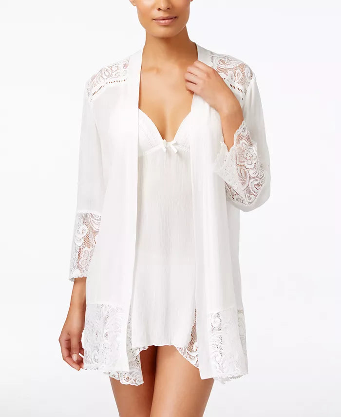 Linea Donatella Flower Child Sheer Lace-Trim Kimono Robe Lingerie  Winter White Size S/M