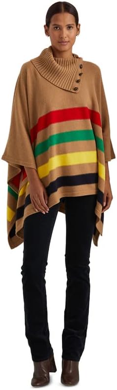 Lauren Ralph Lauren Striped Wool-Blend Poncho  Color Camel Multi Size S/M