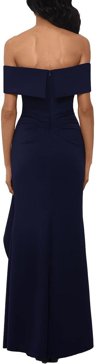 XSCAPE Ruffled Off-The-Shoulder Gown  Navy Size 6